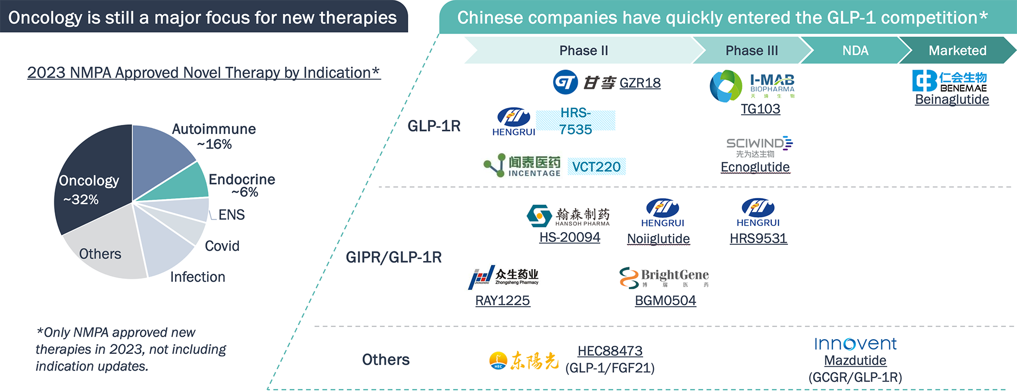 Pie chart showing that oncology is a major focus for new therapies, and a graphic showing logos of companies that have entered the DLP-1 competition.