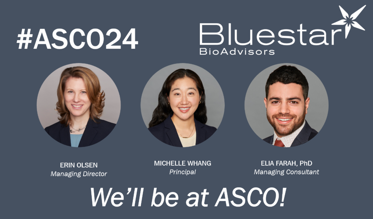 Headshots of the three Bluestar team members who will be attending ASCO 2024